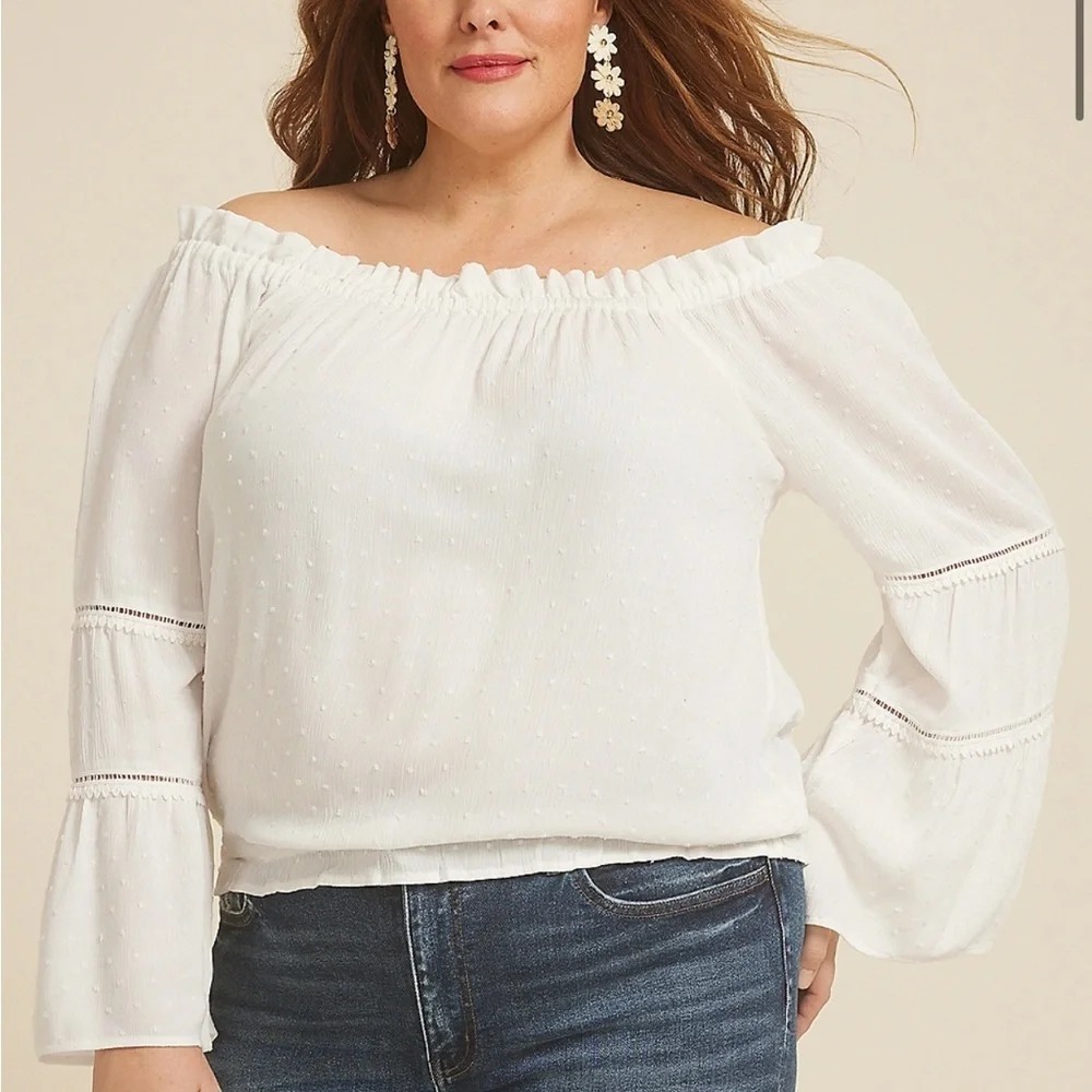 Maurices‎ Womens Size Large Swiss Dot Off the Shoulder Blouse in Ivory $45 2570